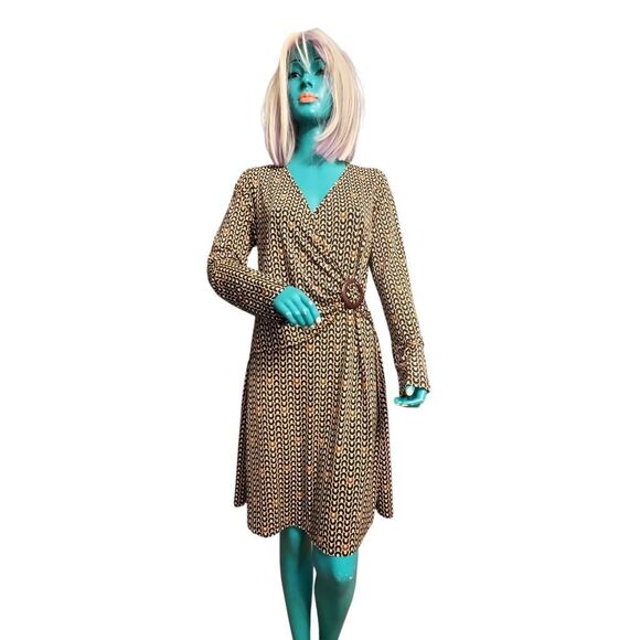 UNYX Women’s Faux Wrap Dress – Size L – Geometric Print, Long Sleeve, Belt Ring - Picture 1 of 9